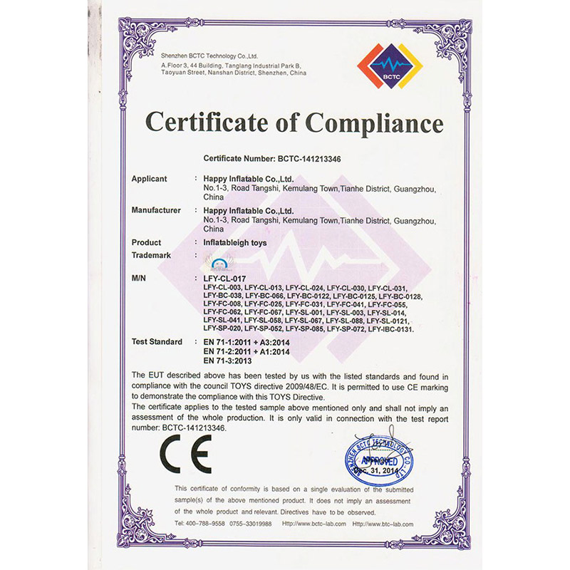 Certificat EN71 pour les jouets gonflables