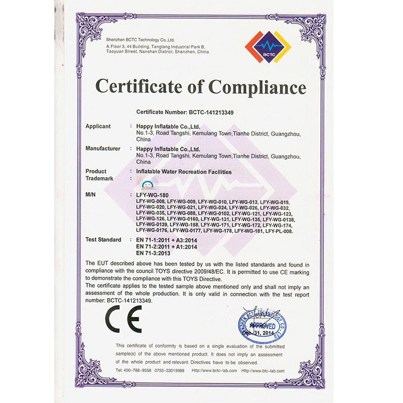 Certificat EN71 pour les jouets aquatiques gonflables